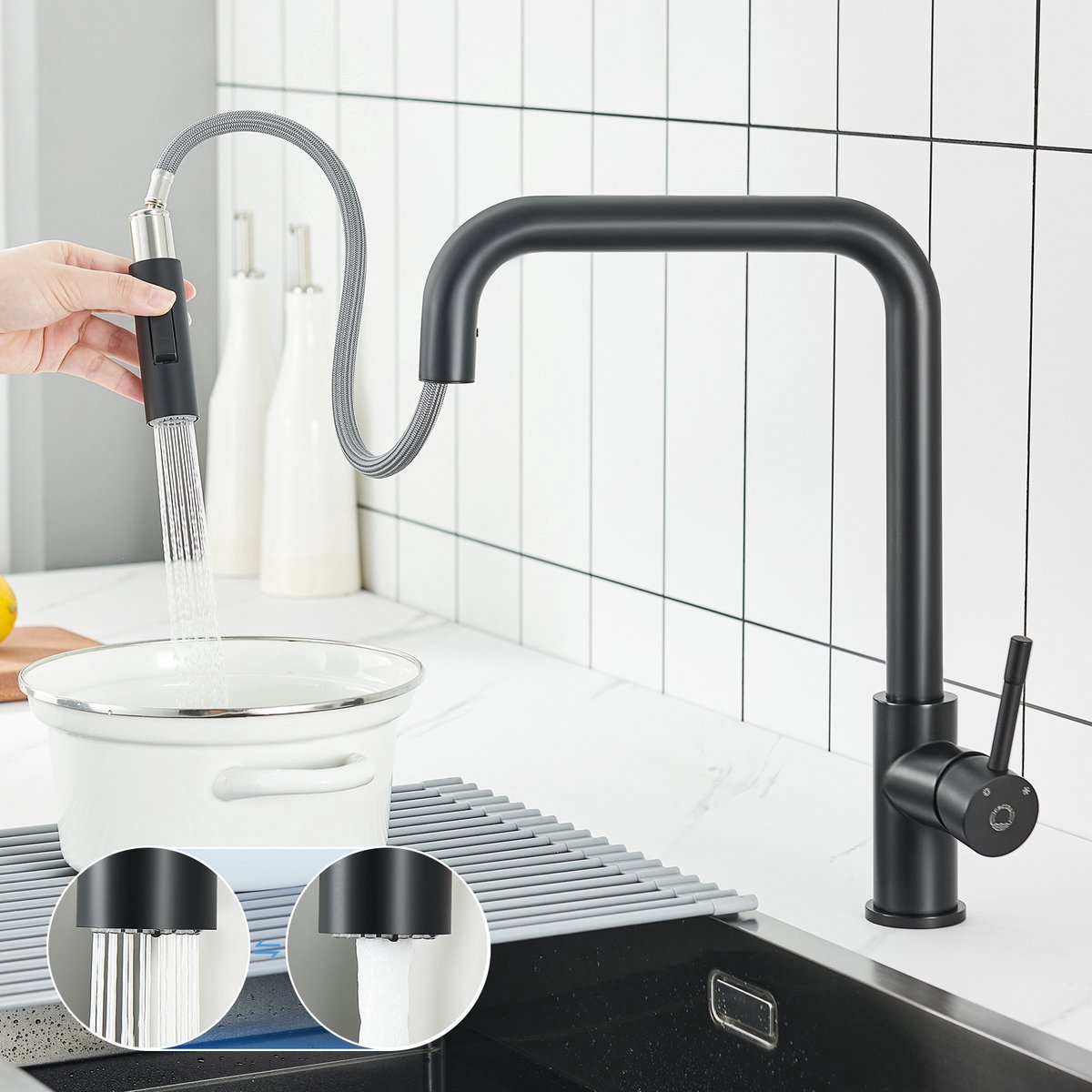 Cecipa MAX Keukenkraan - Uittrekbare Uitloop - 360 Graden Draaibaar - Warm‑Koudwatermengkraan - 2 Straalsoorten - 40% Waterbesparing - Roestvrij staal - Zwart