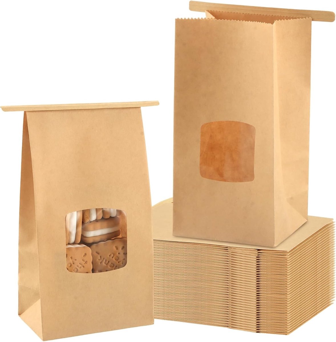 150 Stuks Papieren Zakken met Venster - Kraftpapieren Zakjes voor Cadeaus, Snacks en Verpakkingen - 17 x 9 x 6 cm