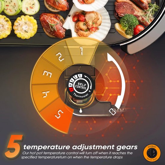 WizBay Premium Select® 4 in 1 Dual Aziatische Shabu HotPot - Afneembare Pan - Funcooking - 2 Bouillon Gedeelten - Grill - Gourmetten - Fondue - 6 tot 8 Personen - 2200W - Anti Aanbaklaag - 73 cm Lang — afbeelding 5