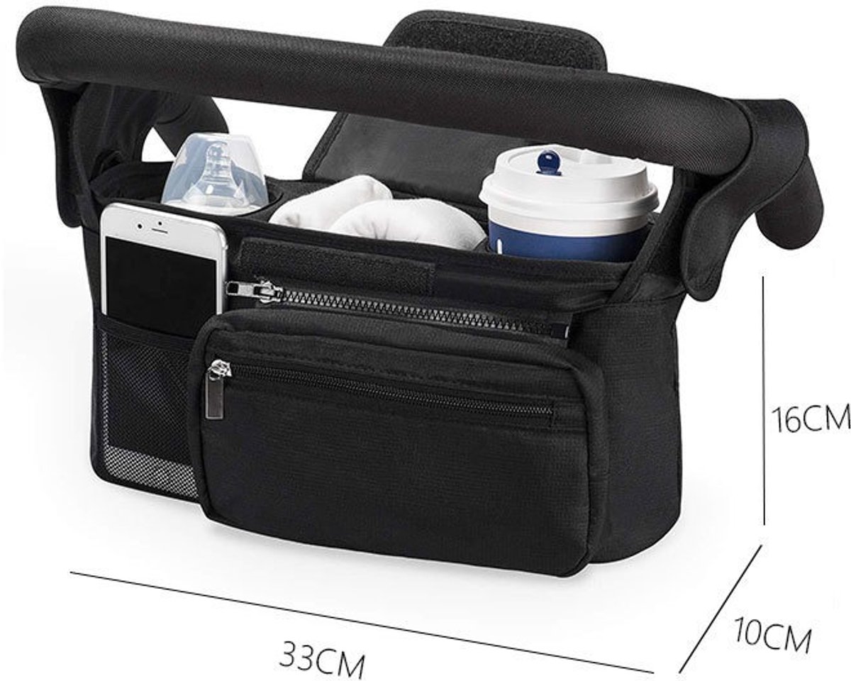 Universele opbergtas voor kinderwagens met 2 bekerhouders en een ge茂soleerde hoes voor een waterfles. Grote capaciteit, geschikt voor kinderwagens, mobiele telefoons, babyspullen, reisbenodigdheden en cadeaus,zwart