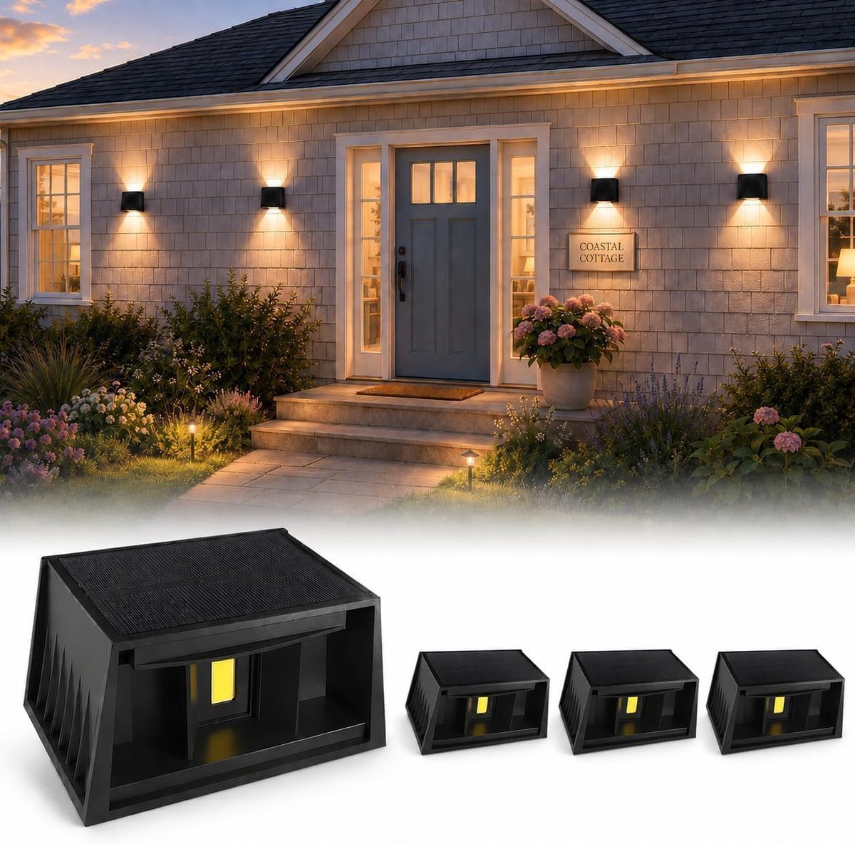 4 pcs Moderne Vierkante Zwarte Verstelbare Op- En Neerwaartse Zonne-Wandlamp voor Buiten IP65 Waterdichte 3000K Wandlamp Op Zonne-Energie voor Tuin, Schutting, Garage, Trap, Voordeur, Terras
