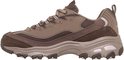 Zijaanzicht van bruine Skechers D'Lites sneakers met taupe suède en mesh accenten en een dikke witte zool.