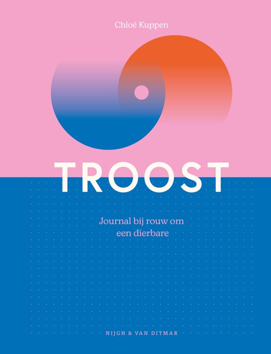 Boek 'Troost. Journal bij rouw om een dierbare' door Chloé Kuppen. Abstract ontwerp met cirkels in oranje, blauw, rood, op een roze en blauwe achtergrond.