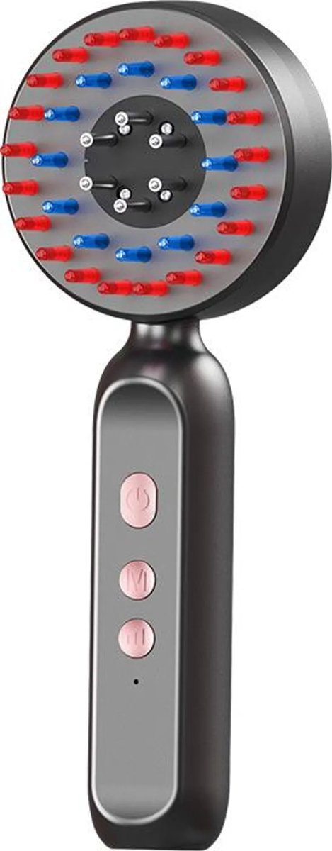 Elektrische hoofdmassageborstel met rood en blauw lichttherapie, applicator voor haarserum, vibratiemassagefunctie, oplaadbaar via USB, wit/grijs.