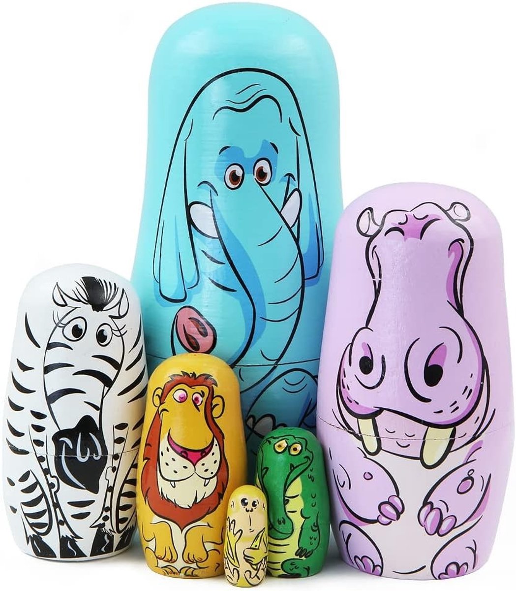Set van 6 Dieren Interlocking Houten Poppen, Handgemaakte Stapelbare Matryoshka Speelgoed met Olifant, Nijlpaard, Zebra, Leeuw, Krokodil en Aap