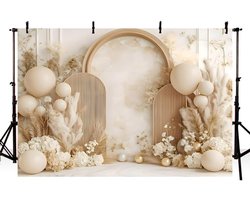 Beige Boho Fotobehang 7x5ft met Gebogen Wand voor Bohemian Decor, Ballonnen en Verjaardagsfeestjes, Maternity en Portret Achtergronden