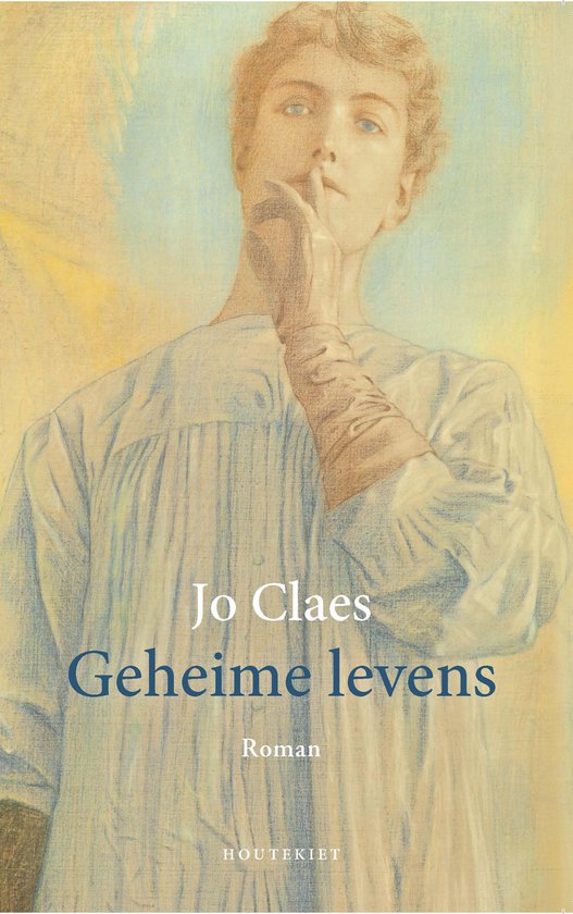 Couverture de livre avec portrait d'une femme avec un doigt sur les lèvres, texte 'Jo Claes Geheime levens Roman HOUTEKIET'.