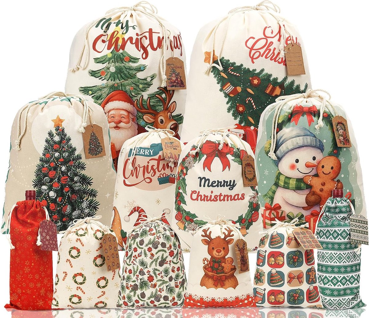Kerst Canvas Trekkoord Geschenkzakjes, 12 Stuks Herbruikbare Zakken in Diverse Maten met Gift Tags voor Feestelijke Decoraties en Cadeauverpakkingen