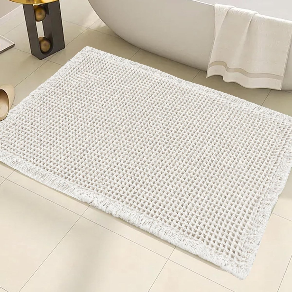 Super Absorberende Witte Waffle Badmat 18"x30" - Antislip Badkamer Tapijt, Machinewasbaar en Duurzaam voor Woonkamer en Badkamer