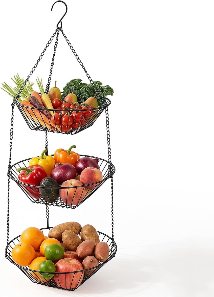 Drie-laags fruitmand van zwart metaal met haken voor keuken, opbergruimte en decoratie