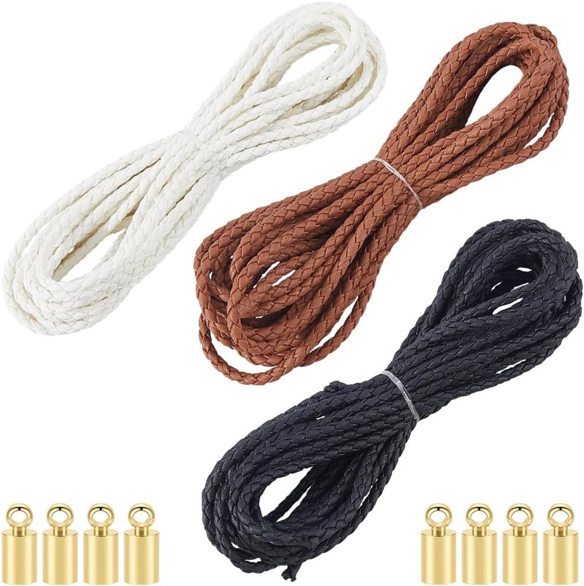 Vlecht Lederen Touw 15M in 3 Kleuren - Zwart, Bruin en Wit - 3.5mm Zachte Ronde Koorden voor DIY Sieraden Maken en Ambachten met Goud Messing Uiteinden