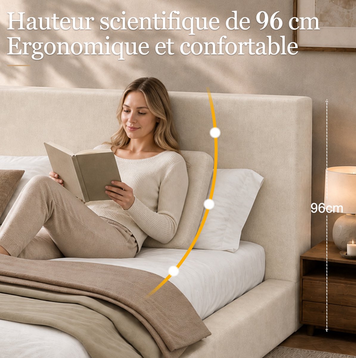 REDOM - Bed - Dik gepolsterd hoofdbord - Inclusief lattenbodem - Omsluitende bedrand - Modern - Slaapkamer - Stof - Beige - 227 x 206 x 96 cm