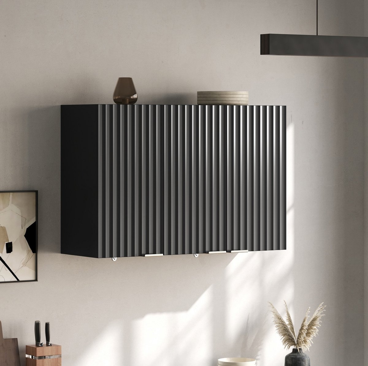 MIVRAY Keukenkast - Wandkast Met 3 Deuren En Stijlvolle Lameldeuren - Voor Keuken En Woonruimte - MDF - Zwart - 90 X 29 X 60 Cm