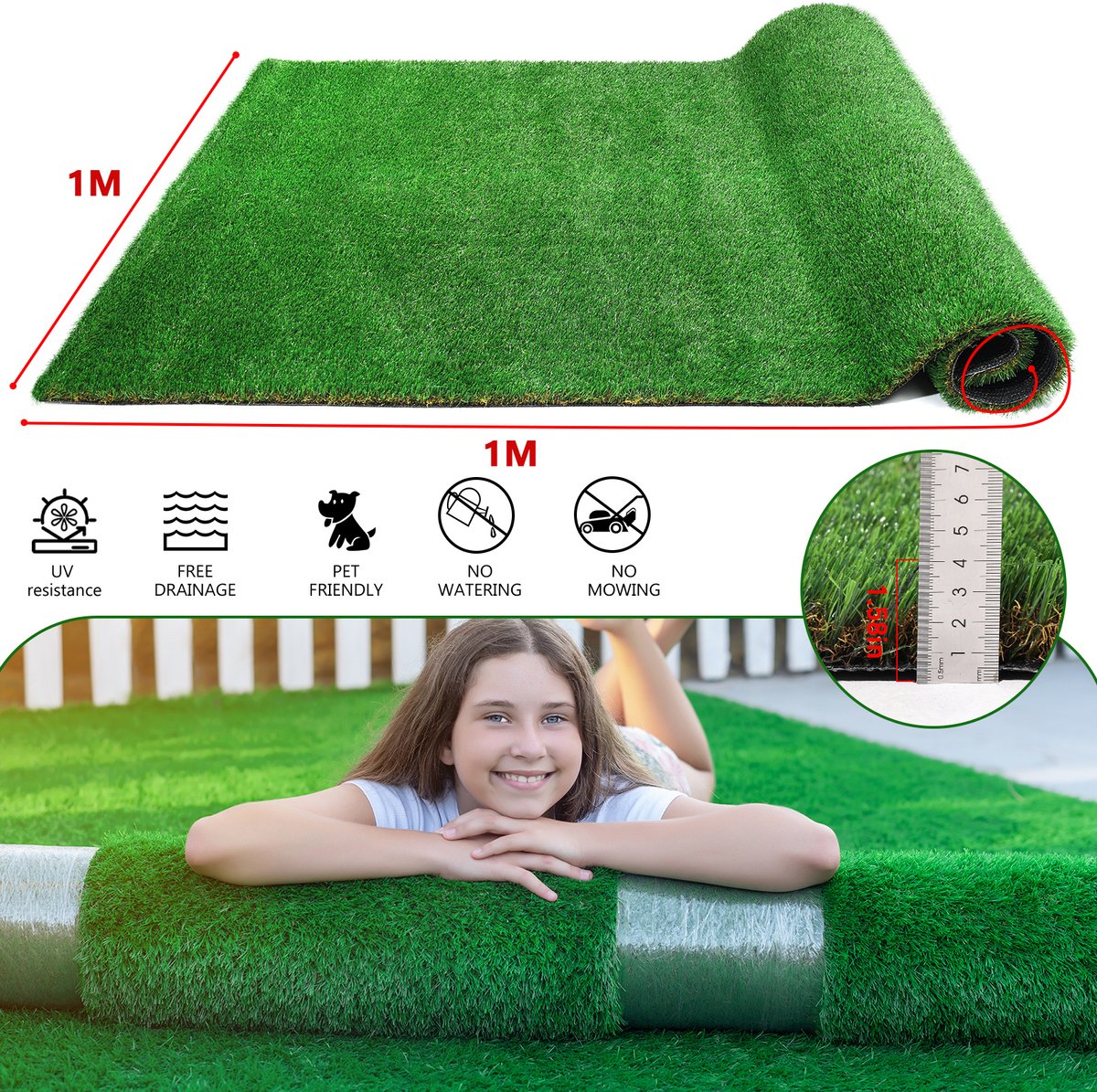 Kunstgras Lopertje – Zacht Realistisch 2 Cm Dik – 110 X 110 Cm – Polyethyleen – Groen – Voor Tuin, Balkon En Huisdierplek