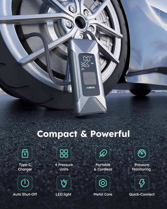 ASMAX T10 Elektrische Bandenpomp - Draagbare Luchtcompressor 160 PSI - 7500 mAh Accu - Digitale Compressor met Automatische Stop & Powerbank - Auto, Fiets & Motor — afbeelding 3