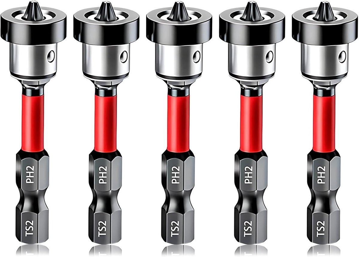 Set van 5 Magnetische Positionering Schroefbits voor Gipsplaten, PH2 50mm 1/4 Inch Hex Shank met Verwijderbare Magnetische Ring voor Dieptecontrole van Schroeven