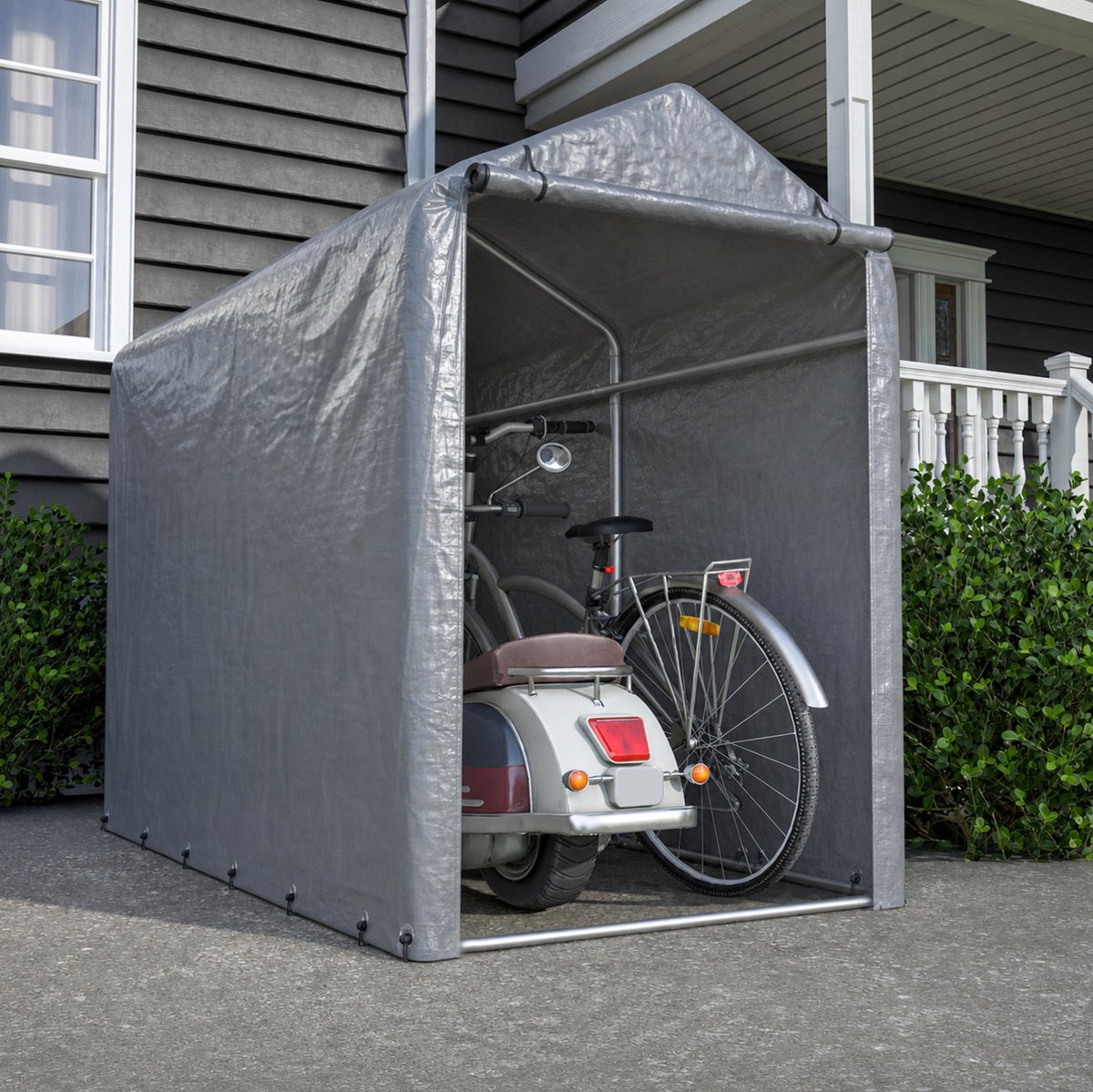 FloraGrace Garagetent – 100 X 187 X 160 Cm – Waterdicht Met Staalframe – Grijs – Voor Fiets, Motor En Tuingereedschap – Uv-Bescherming