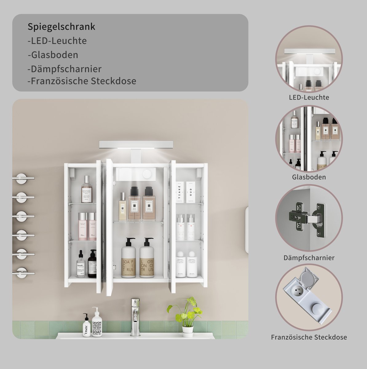 OKWISH Spiegelkast - 3 Deuren - Met LED-Verlichting En Frans Stopcontact - Wandmontage Voor Badkamer - MDF En Glas Wit - 60 cm