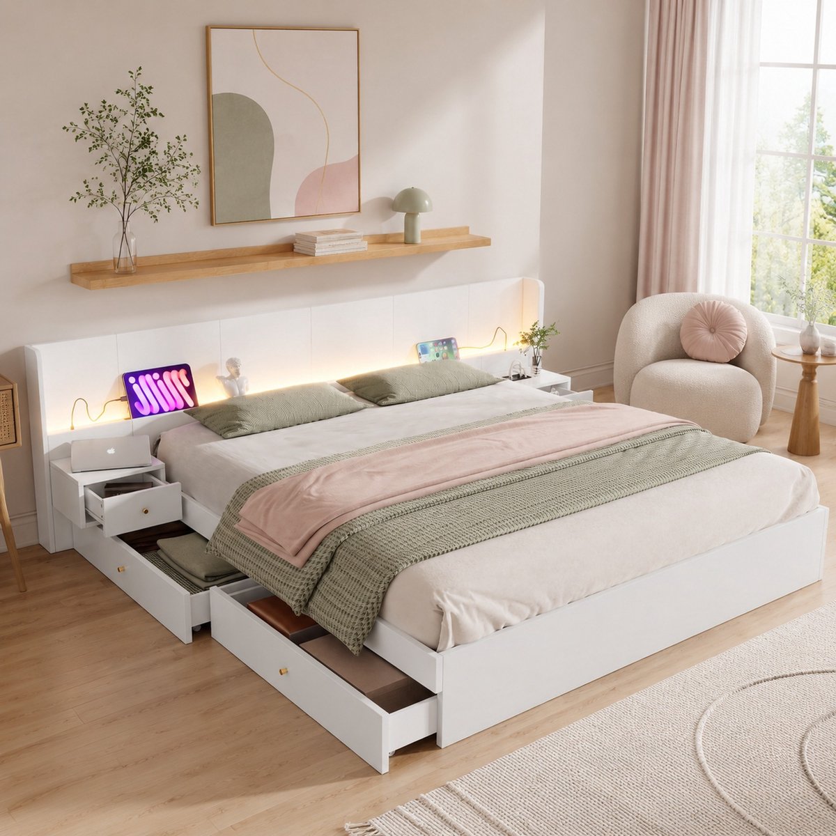 COVREO Tweepersoonsbed met USB en LED – 180x200 cm – MDF bed met nachtkastjes – met lades en app – Wit - zonder matras