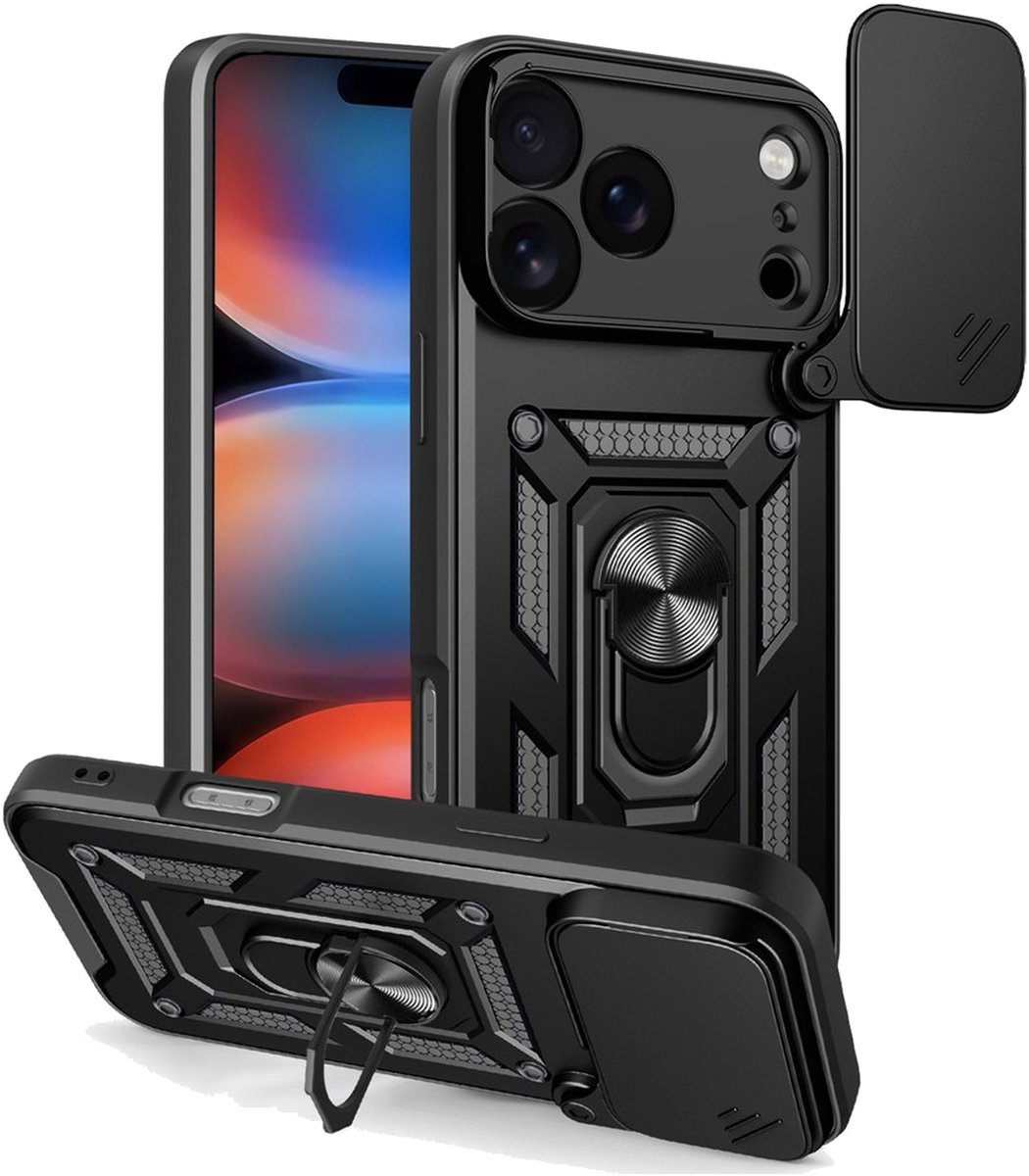 MobyDefend Hoesje - Geschikt voor iPhone 18 Pro Max - Pantsercase Met Draaibare Ring - Zwart