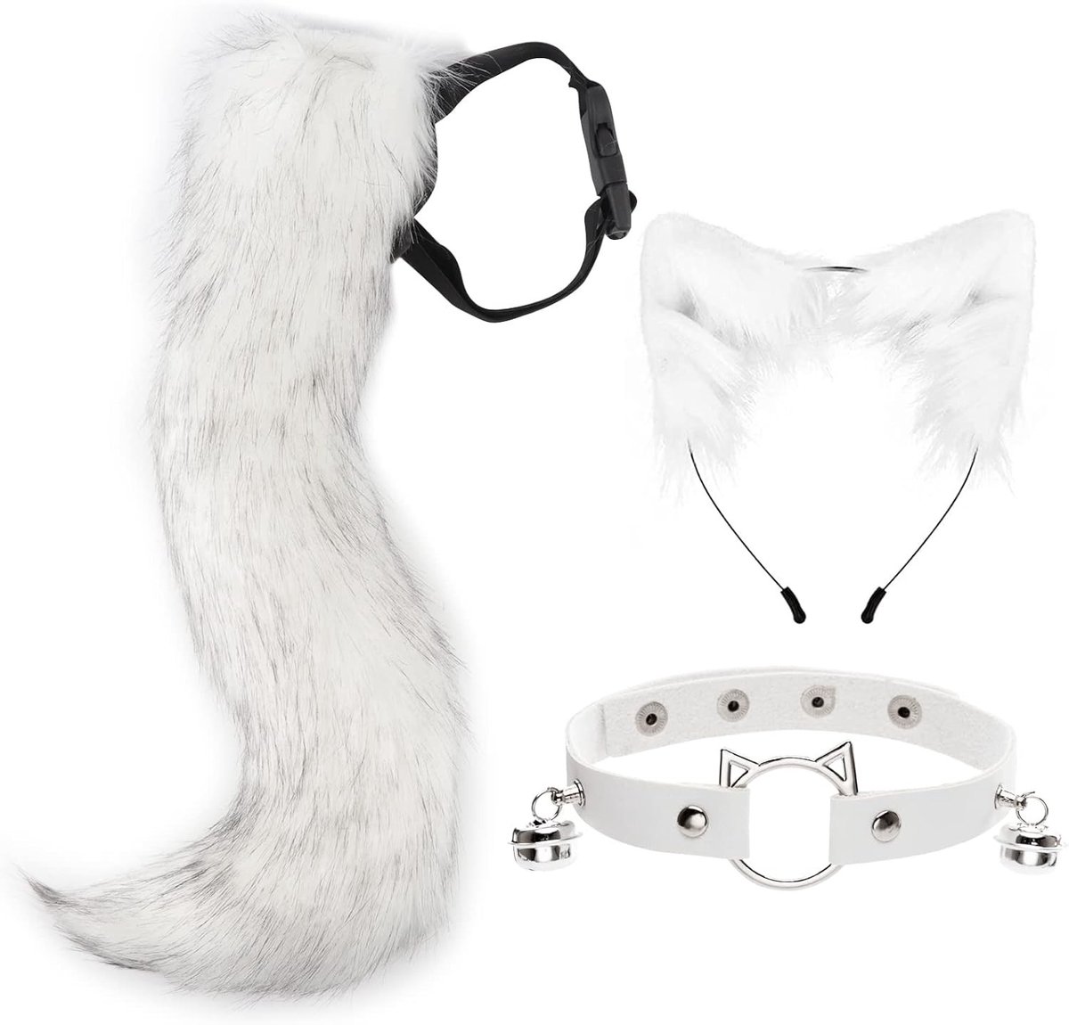 Fox Fake Fur Staart en Kattenoren Hoofdband Halloween Kostuum met Halsband en Cosplay Set voor Vrouwen
