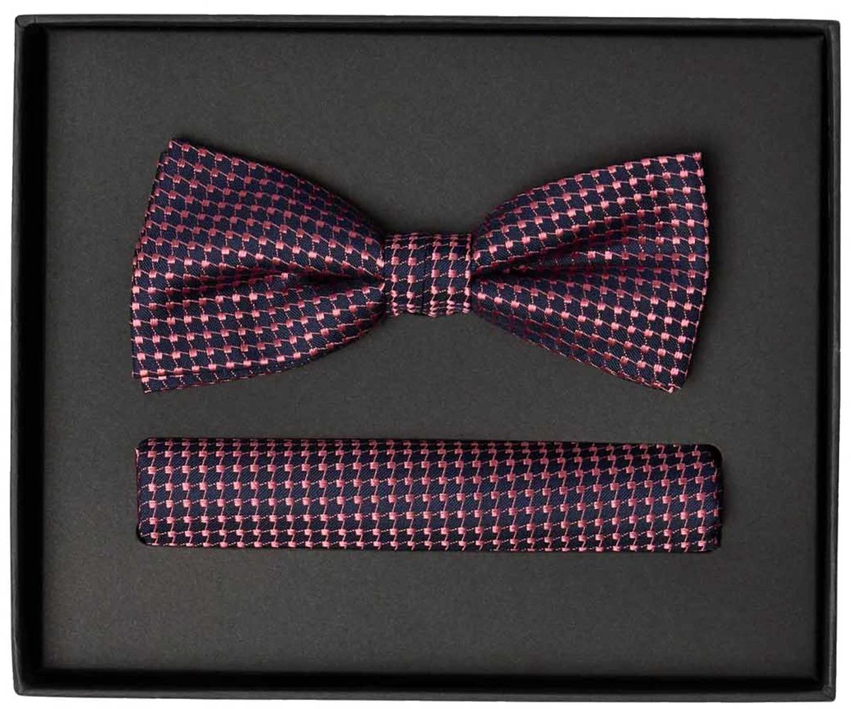 VENTI set met vlinderdas en pochet - donkerblauw - roze dessin