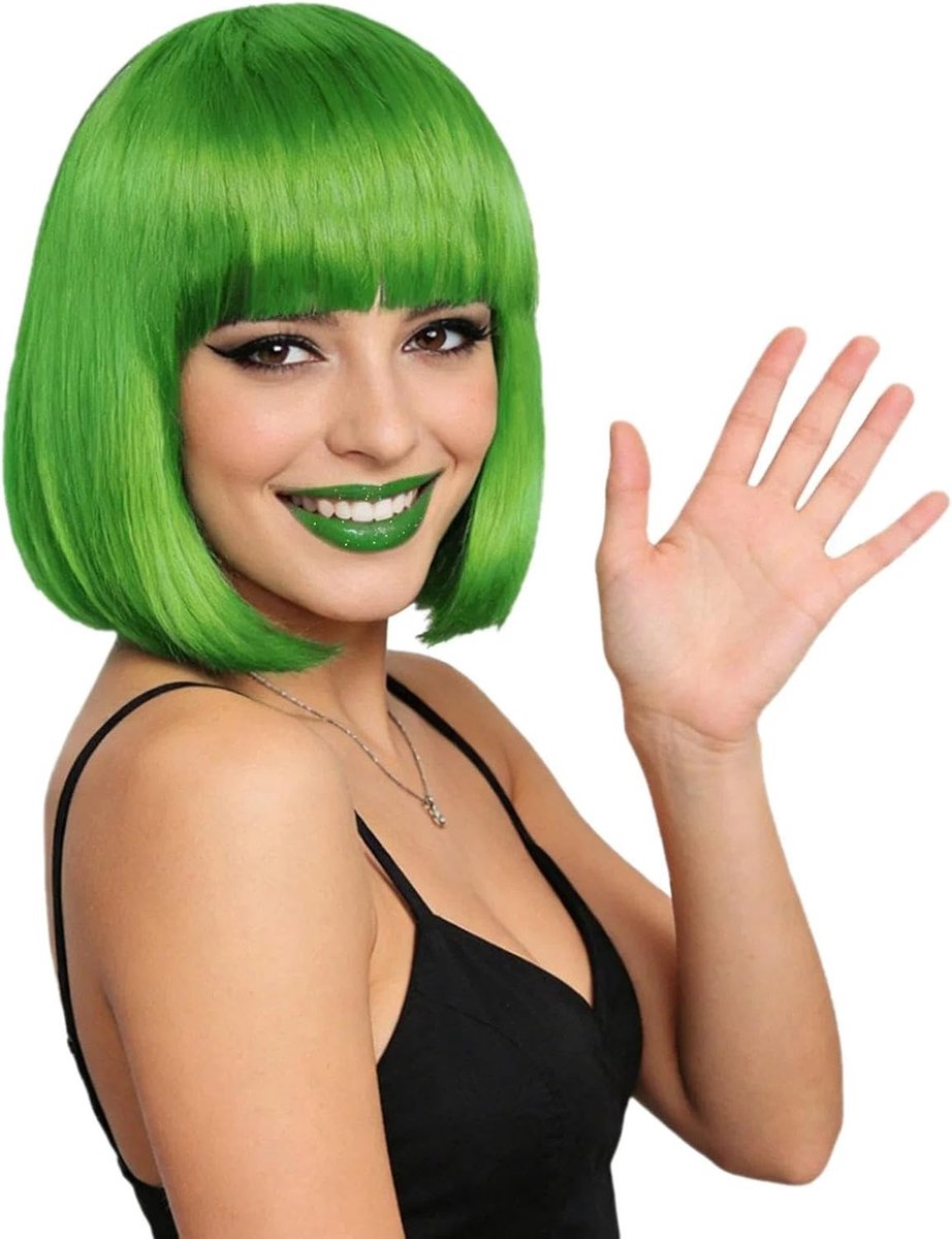 Korte Groene Bob Peruk voor Vrouwen - 35 cm Synthetische Rechte Wigs voor Carnavalsfeest, Halloween en Cosplay