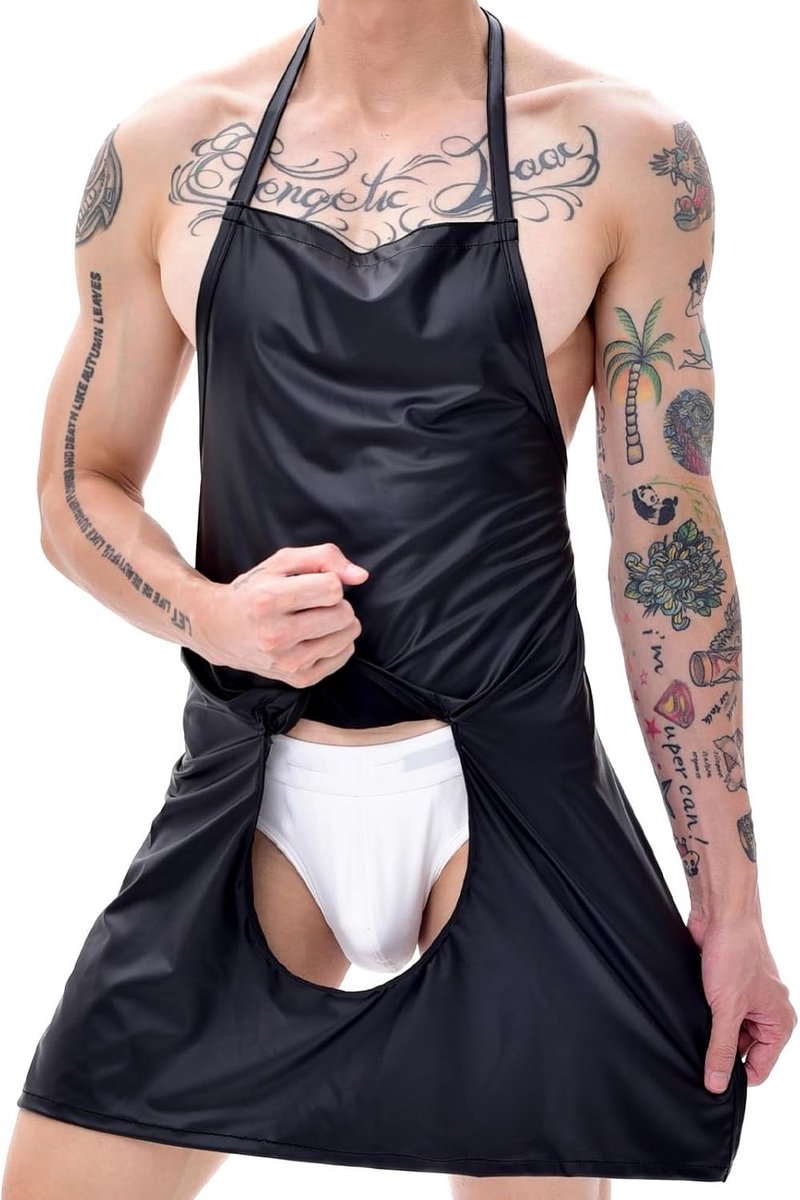 Erotisch schort voor heren van kunstleer, sexy rugvrij ontwerp met ritssluiting, ideaal voor rollenspel en cosplay, perfect als keukenschort of lingerie voor mannen