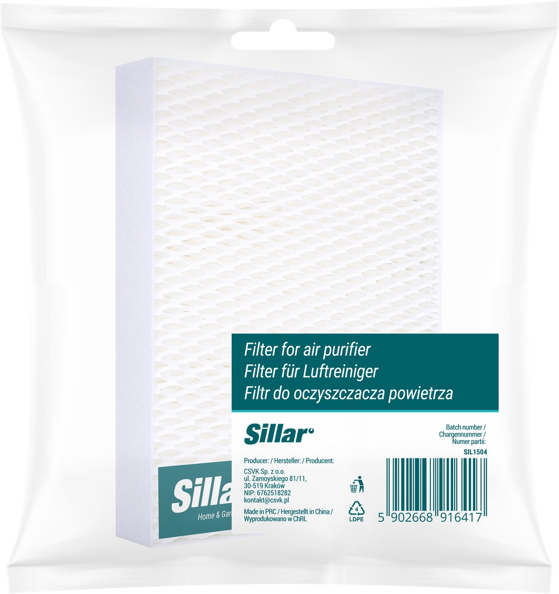 Sillar filter voor luchtbevochtiger - vervangingsfilter 10004 14643/10 - compatibel met Stadler Oskar - antibacterieel - 1stk