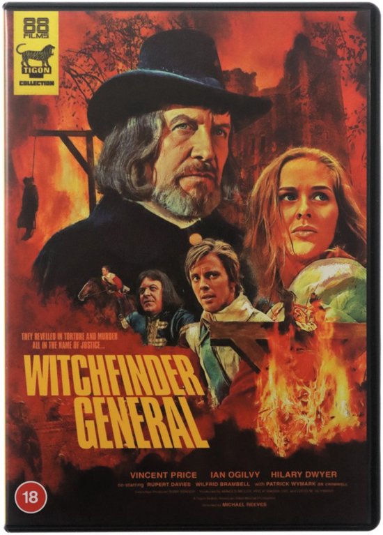 Voorzijde van de "Witchfinder General" DVD. Het artwork toont Vincent Price, Ian Ogilvy en Hilary Dwyer tegen een achtergrond van vuur en een galg.