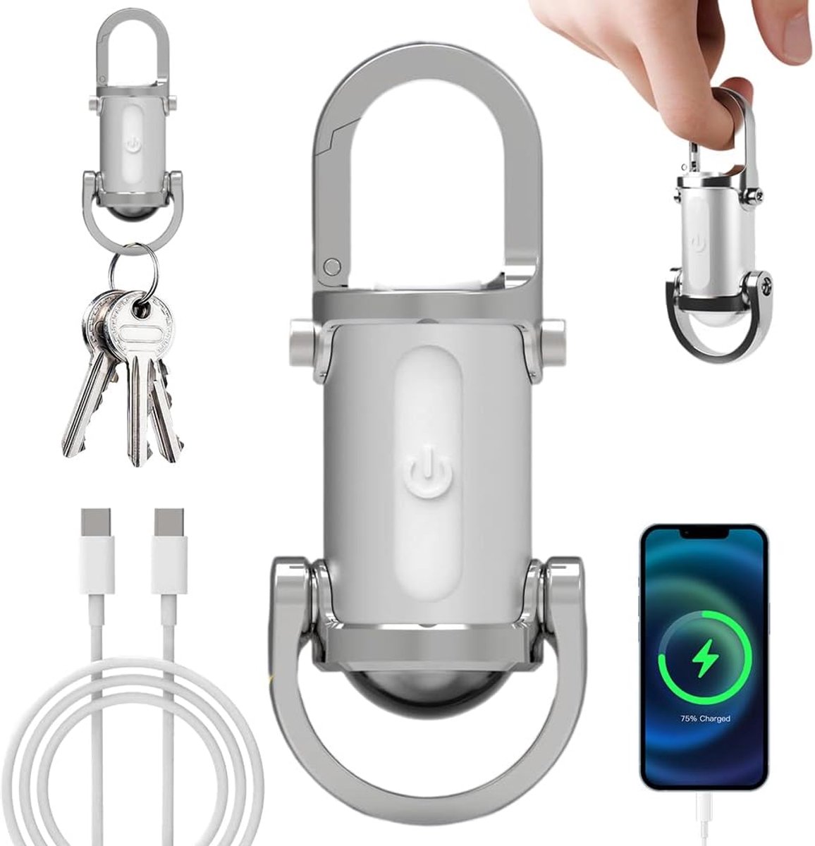 Mini waterdichte sleutelhanger zaklamp, 1200 lumen super heldere LED draagbare zaklamp met powerbank en 8 standen, geschikt voor kamperen, wandelen en noodgevallen (wit).