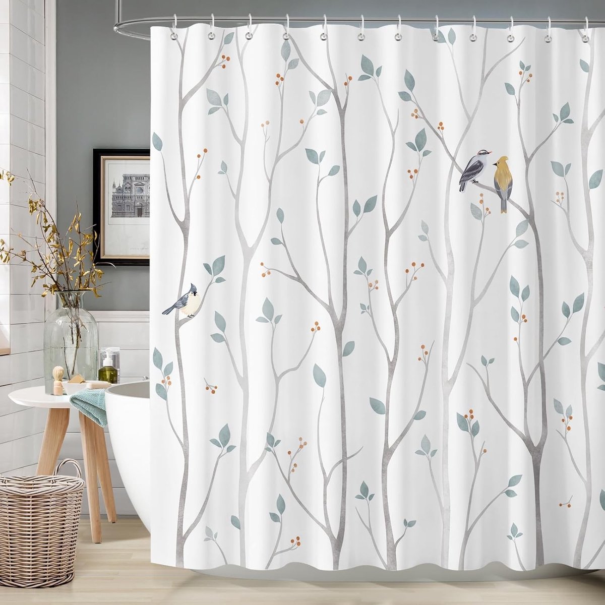 Winterse Douchegordijn met Bomen en Vogels in Blauw en Grijs, Waterdicht en Schimmelbestendig, 180 x 180 cm met 12 Haken