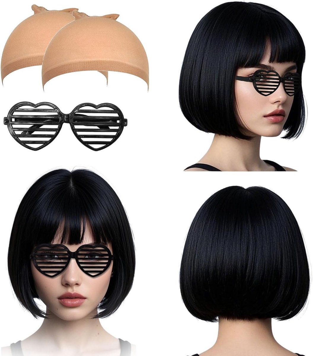 Zwarte Rechte Bob Perucque met Rechte Pony voor Vrouwen - Perfect voor Dagelijks Gebruik, Carnaval en Cosplay, 4 Stuks