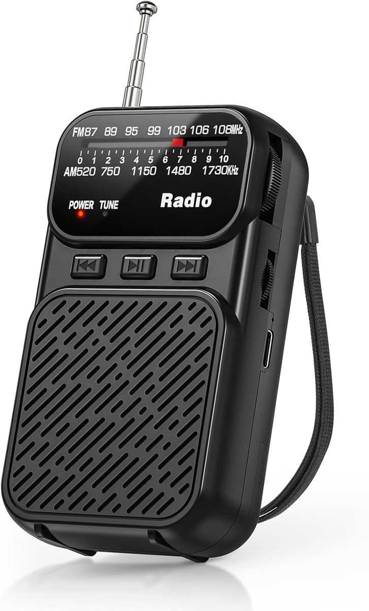 Kleine Draagbare Radio – Compact, Licht, Eenvoudige Bediening, Sterk Signaal, Noodverlichting & Dubbele Voeding(Zwart)