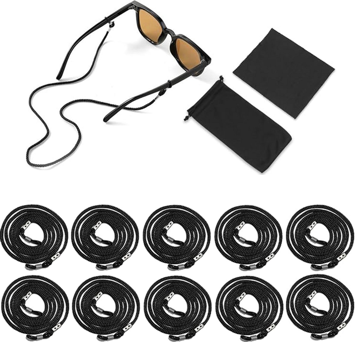 12-delige brillenkoordset, zwarte nylon nekband voor dames en heren, antislip brillenketting, met microvezel schoonmaakdoekje en opbergzakje