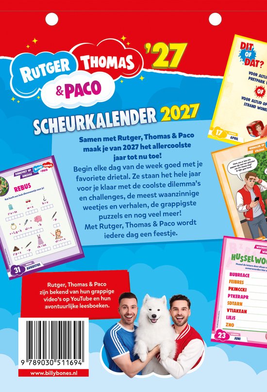 Rutger, Thomas & Paco scheurkalender 2027. Op de cover Rutger en Thomas met een witte hond, omringd door de maanden augustus en juni met puzzels en teksten.