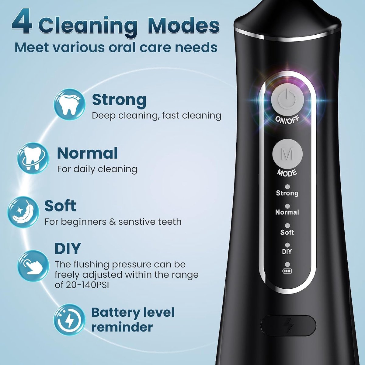 Waterflosser, Draadloze Monddouche met 4 Reinigingsstanden, 300 ml Waterreservoir, DIY-Drukregeling, IPX7 Waterbestendig, Oplaadbare Mondirrigator voor Dagelijkse Mondverzorging, Thuis en Reizen, Zwart thumbnail 6