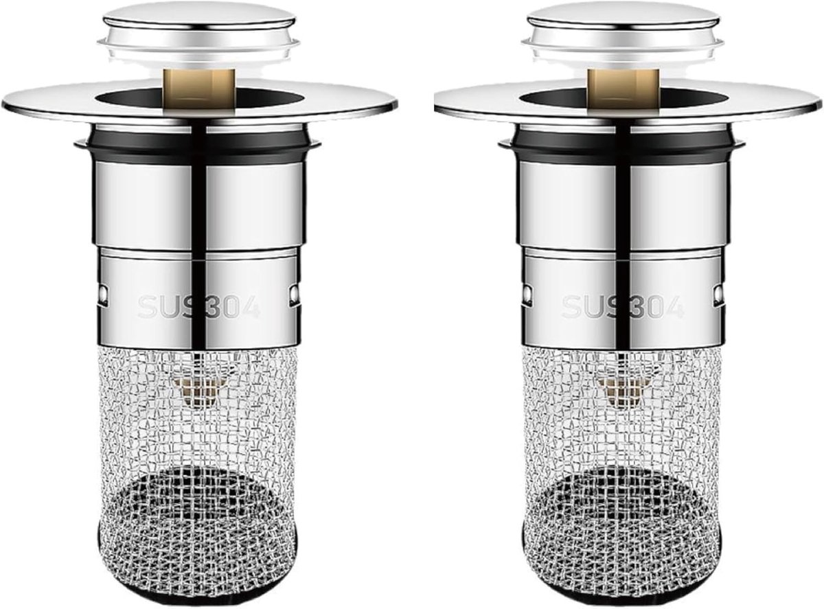 Set van 2 Universele Pop-Up Wastafestoppers met Geurfilter, RVS Afvoerstop voor 34-40 mm Wastafels, Bidets en Keukens, Eenvoudige Installatie en Verwijderbaar Ontwerp