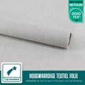 Lichtgrijze raamfolie op rol met textielstructuur, met "Top Kwaliteit" en OEKO-TEX certificaat.