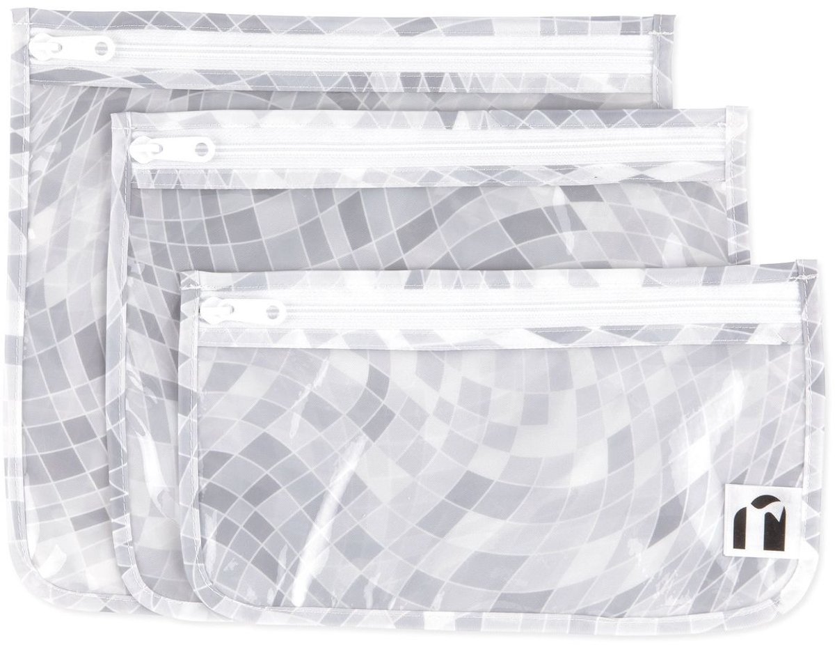 Roamio by Bumkins Clear Front Travel Bags Reistasjes met Doorzichtig Venster (3 stuks) - Disco Check - Voldoet aan Handbagage-Vloeistofregels - Waterdichte, Vlekbestendige Stof - Afmetingen 24x21,5 / 23x18 / 23x13 cm