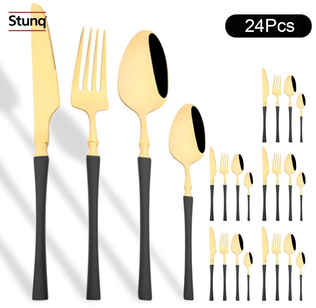 Stunq® 24-delige Bestekset Zwart Goud RVS - Mes, Vork, Lepel