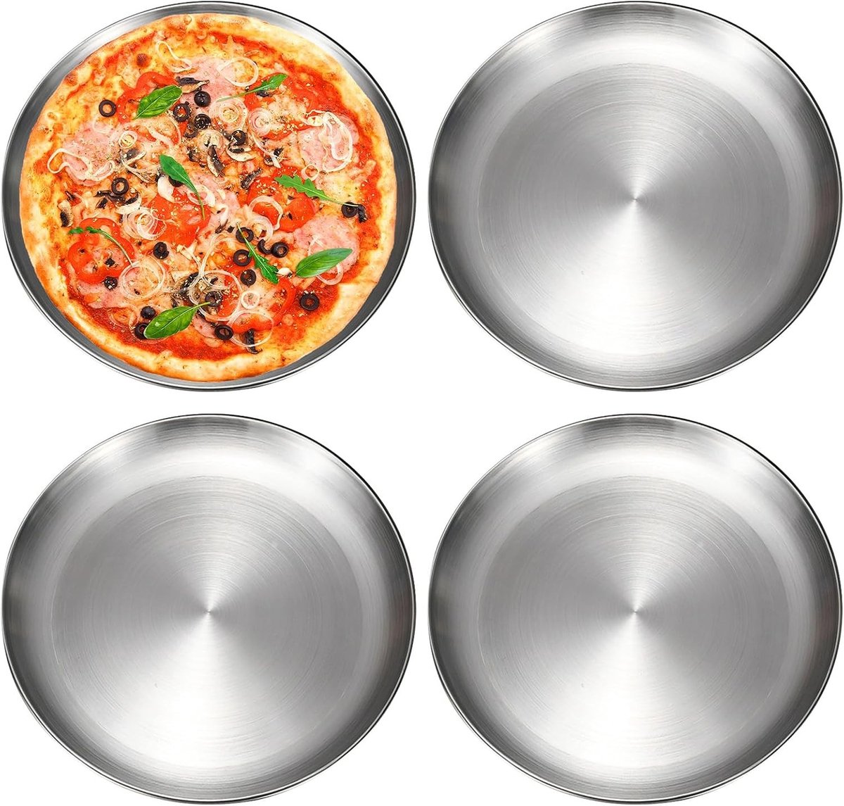 Set van 4 Ronde Pizza Schalen van RVS, 30 cm - Ideaal voor Bakken, Serveren en Ovengebruik, Vaatwasserbestendig
