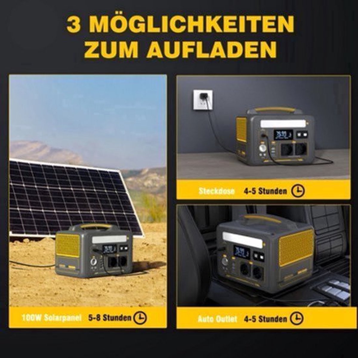 Powerstation - Stroomgenerator - Mini-Generator - Draagbare - Krachtcentrale - met 110W Zonnepaneel - Zonne-energie - AC Stopcontacten - LiFePO4 Batterij - voor Thuis - Tenten - Buiten - Kamperen - 299Wh - 600W - Zwart/Geel