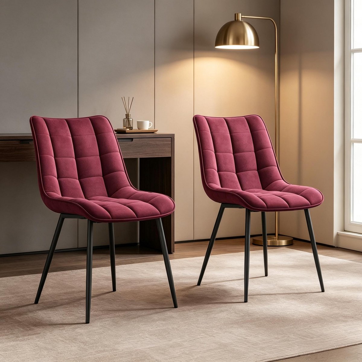REDOM - Eetkamerstoel - Gewatteerde zitting - Met rugleuning en antislipvoeten - Set van 2 - Moderne stijl - Eetkamer - Velvet en metaal - Wijnrood - 46 x 39 x 85,5 cm