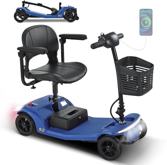 Tricycle bleu avec panier, texte 'S2' et homme assis, vu de face. Une image plus petite montre le tricycle de côté, dans un coffre de voiture.