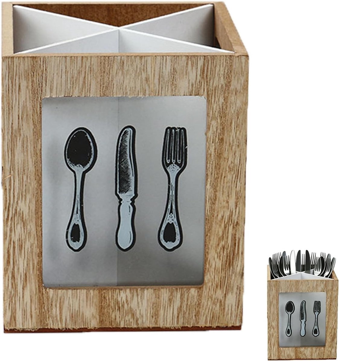 Houten Bestek Organizer met Scheiders en 4 Compartimenten voor Keuken en Koffiebar