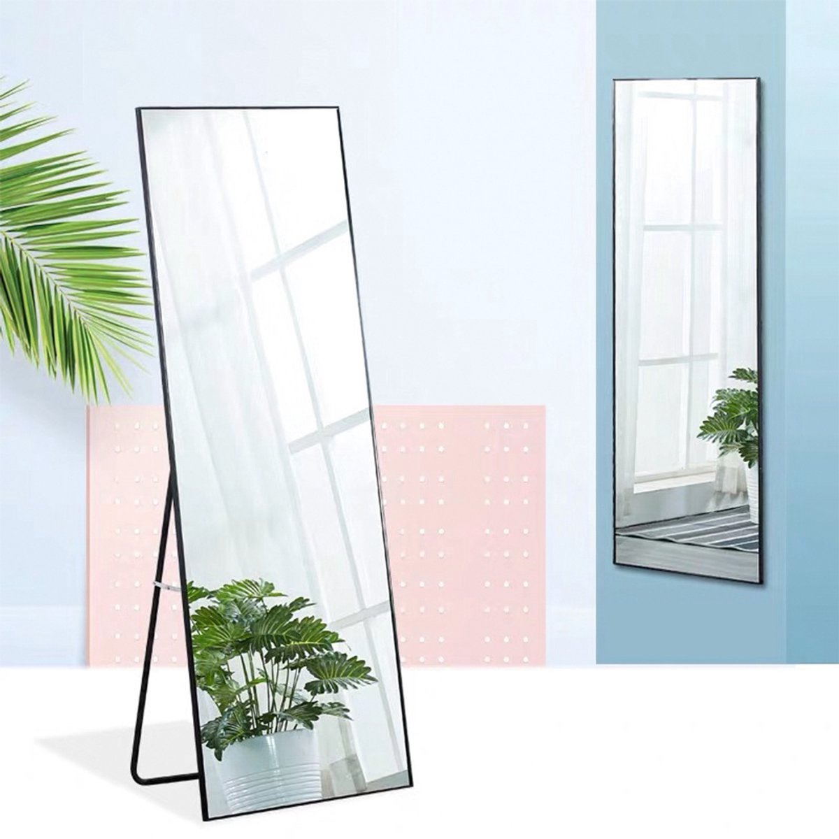 Staande Spiegel 150 x 40 cm, Wandspiegel, Rechthoekige Passpiegel met Aluminium Frame, voor Badkamer, Slaapkamer en Hal, Zwart