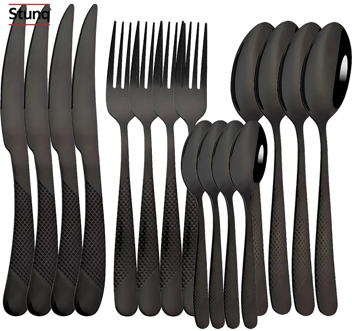 Stunq® 16-delige zwarte bestekset RVS - 4 messen, vorken, lepels