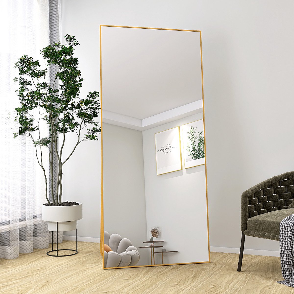 Staande Spiegel 180 x 80 cm, Wandspiegel, Rechthoekige Passpiegel met Aluminium Frame, voor Badkamer, Slaapkamer en Hal, Goud