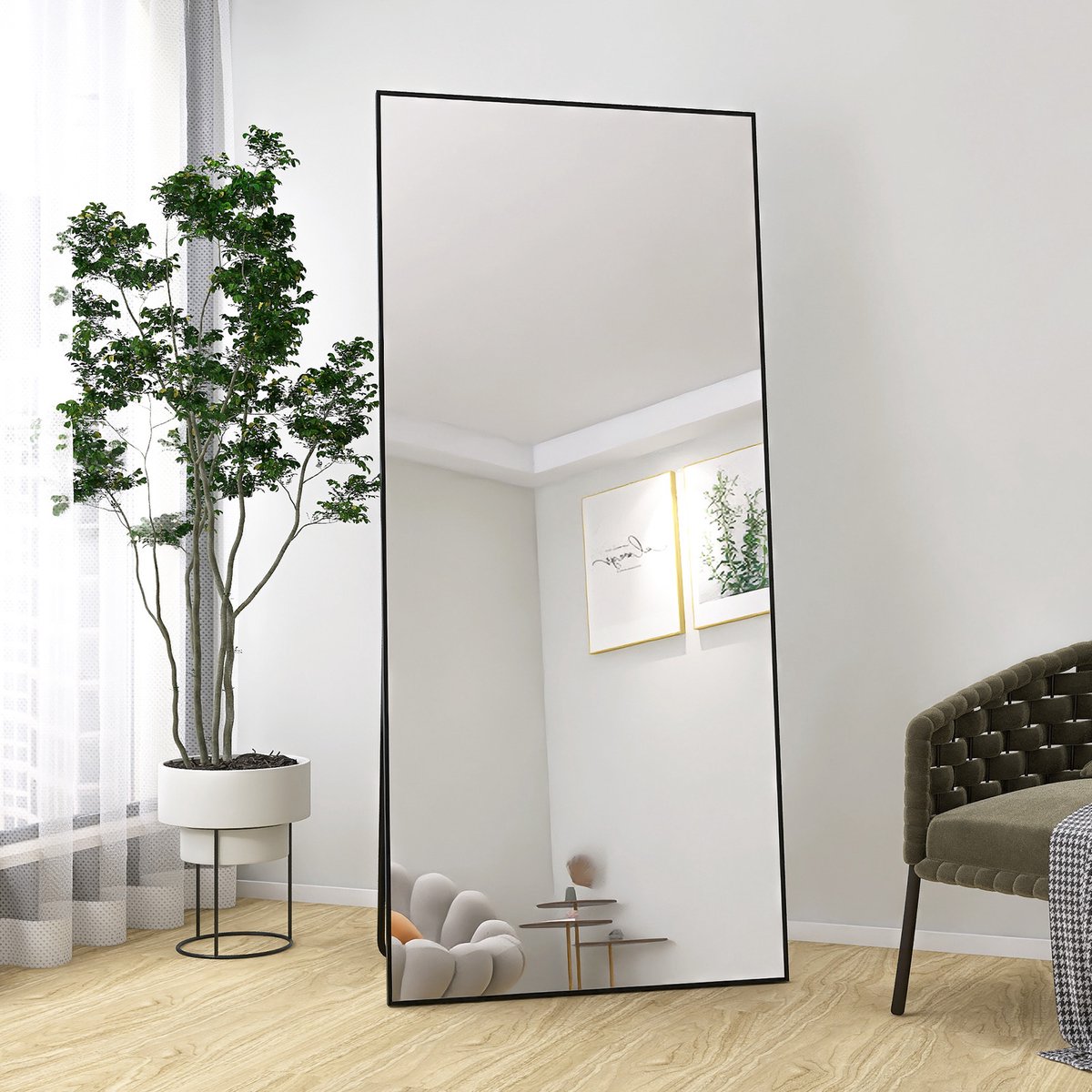 Staande Spiegel 180 x 80 cm, Wandspiegel, Rechthoekige Passpiegel met Aluminium Frame, voor Badkamer, Slaapkamer en Hal, Zwart